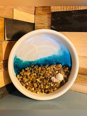 Hand Crafted Coastal Resin Bowl with Blue, White, Tan and Brown Accents